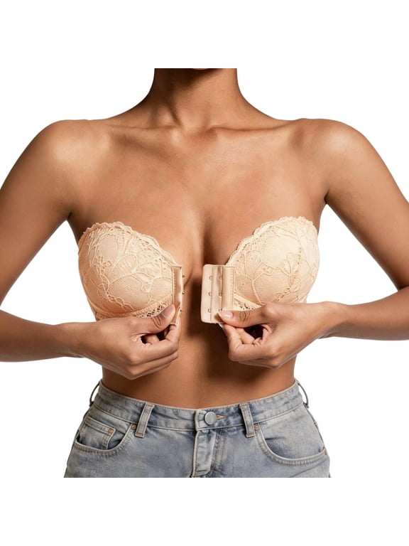 Women's Bra, Strapless Lace Front Closure Push Up Comfortable Supportive for Wedding Party Daily Wear 5 Colors