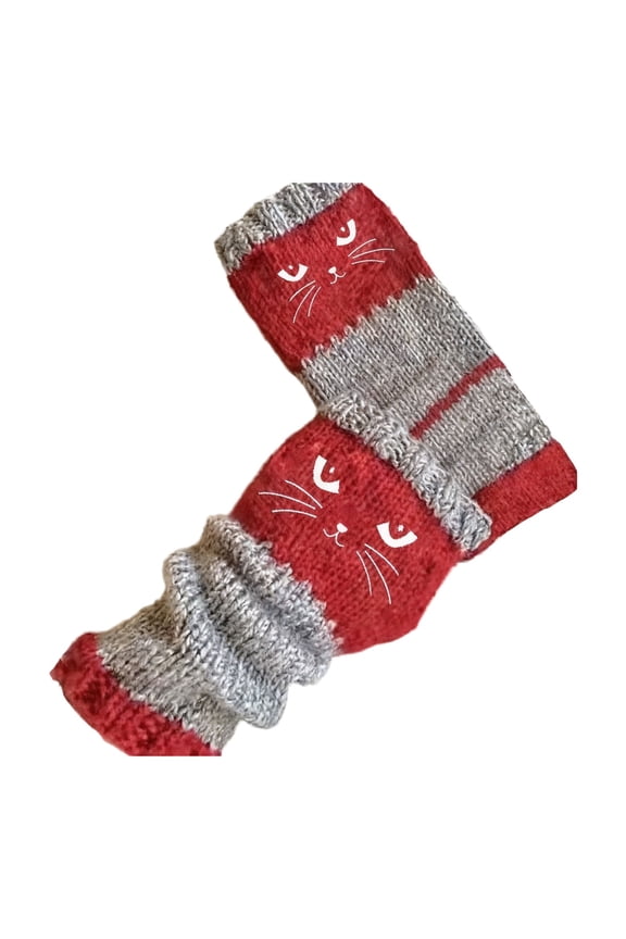 Women's Cat Face Embroidered Fingerless Gloves, Knitted Warm Mittens with Color Block Design(Red,8.66"x3.35")