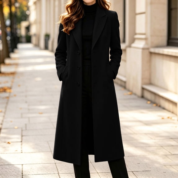 HCBY Women's Coat, Double Breasted Notch Lapel Design with Side Pockets, Long Sleeve Wool Blend Overcoat for Fall Winter