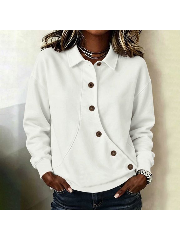 Women's Collared Button Front Sweatshirt with Pockets, Diagonal Button Placket Long Sleeve Pullover, Loose Fit Solid Color Casual Top for Fall Winter