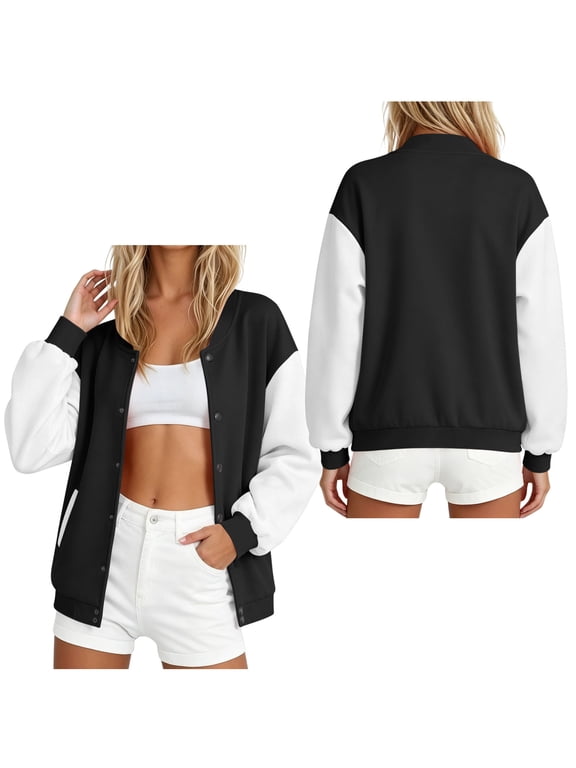Women's Color Block Varsity Jacket Button Down Baseball Collar Bomber Coat with Pockets Loose Fit Casual Fall Winter Outerwear
