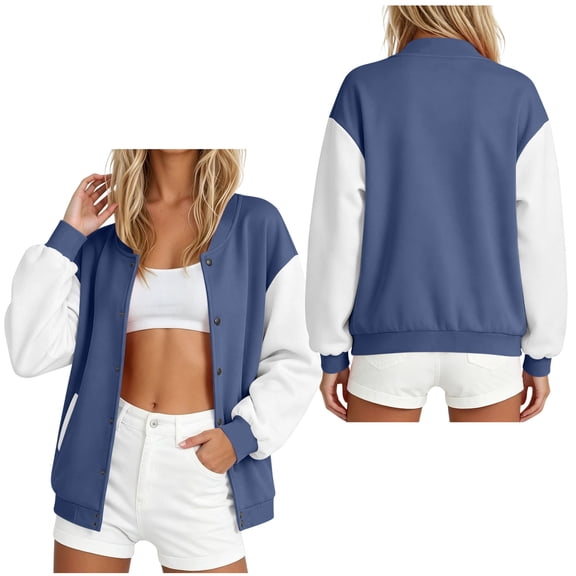 HCBY Women's Color Block Varsity Jacket Button Down Baseball Collar Bomber Coat with Pockets Loose Fit Casual Fall Winter Outerwear