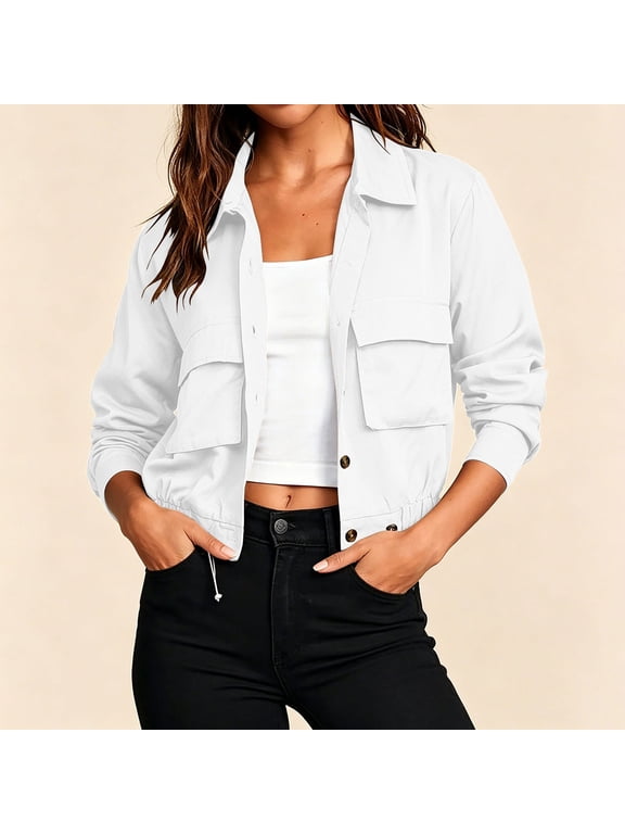 Women's Cropped Utility Jacket Button Down Collared Long Sleeve Lightweight Shacket with Pockets Casual Fall Winter Solid Color
