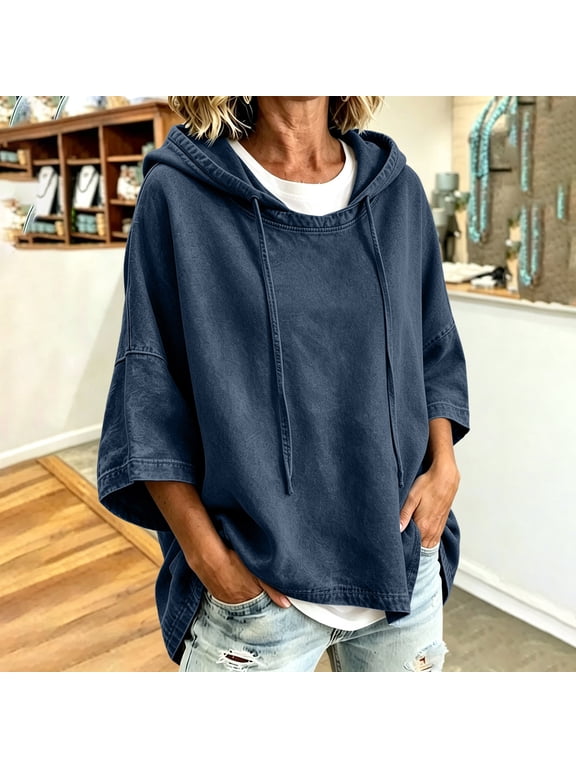 Women's Denim Hoodie Batwing Sleeve Sweatshirt Drawstring Hood Pullover Oversized Loose Fit Pockets Casual Solid Color Streetwear Fall Top