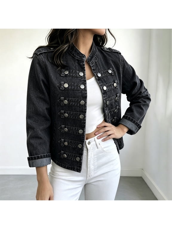 Women's Denim Jacket Military Style Jean Jacket Stand Collar Button Front Casual Outerwear for Women