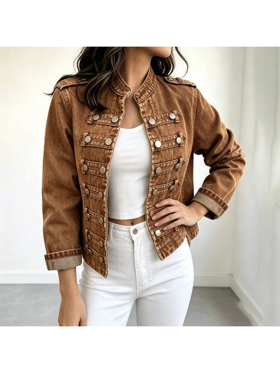Women's Denim Jacket Military Style Jean Jacket Stand Collar Button Front Casual Outerwear for Women
