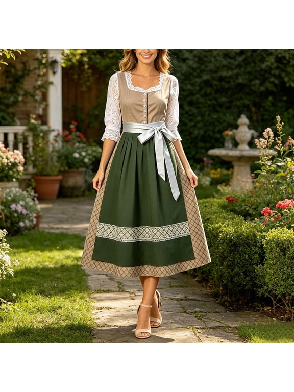 Women's Dirndl Dress Oktoberfest Bavarian Lace Midi A-Line with Bow Sash, Traditional German Festival Costume for Carnival Garden Party Cultural Event