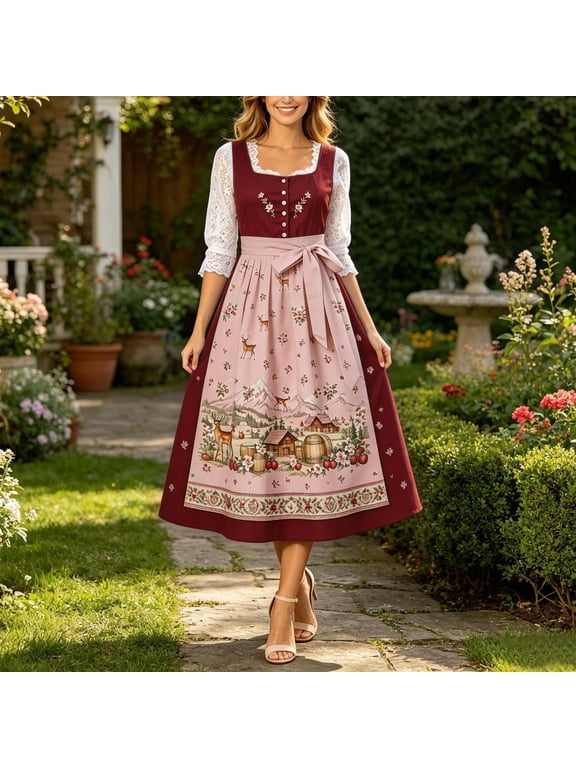 Women's Dress, Dirndl Bavarian Oktoberfest Costume Design with Lace Sleeves and Bow Sash, Midi A-Line Traditional German Festival Outfit