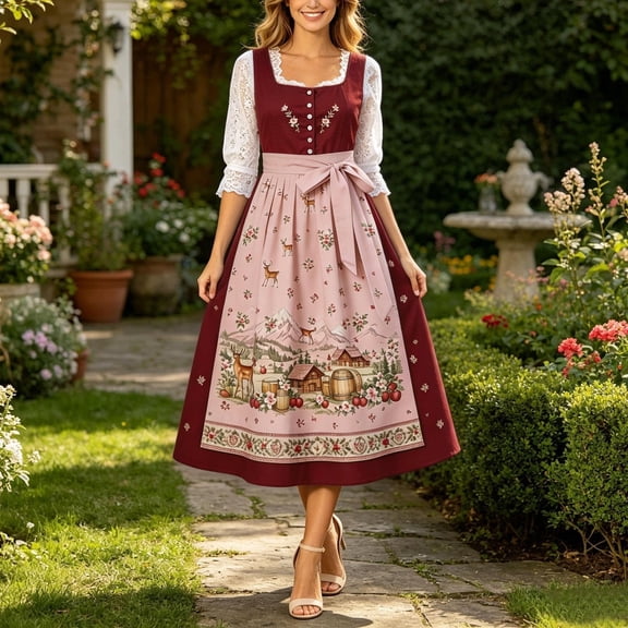 HCBY Women's Dress, Dirndl Bavarian Oktoberfest Costume Design with Lace Sleeves and Bow Sash, Midi A-Line Traditional German Festival Outfit