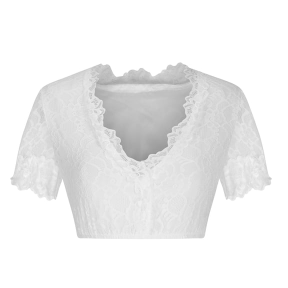 HCBY Women's Elegant White Lace V-Neck Crop Top, Short Sleeve Scalloped Lace Trim Fitted Cropped Style for Oktoberfest Dirndl Outfits, Halloween Fall Theme Parties and Festivals