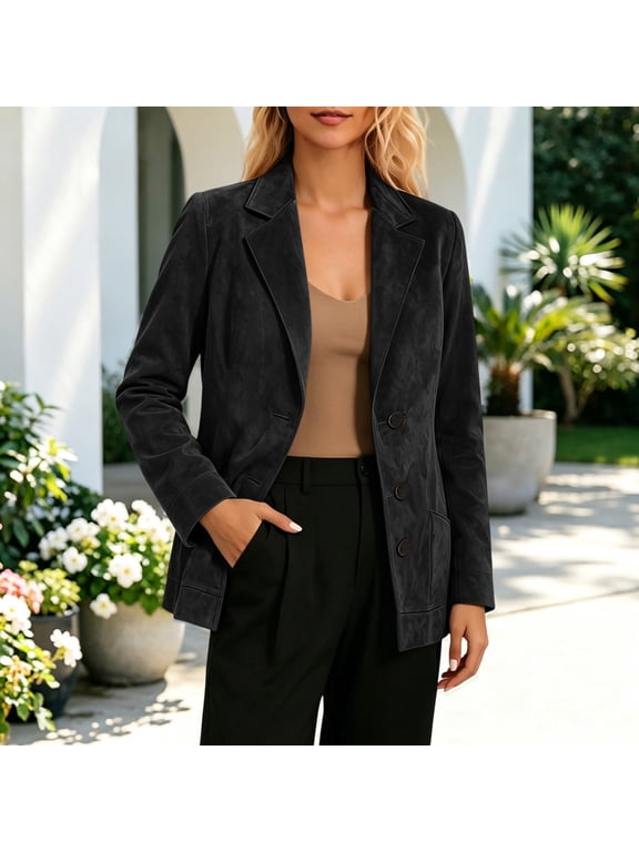 Women's Faux Suede Blazer Long Sleeve Single Breasted Button Down Collared Business Casual Work Jacket with Pockets Solid Color Fall Winter Outerwear