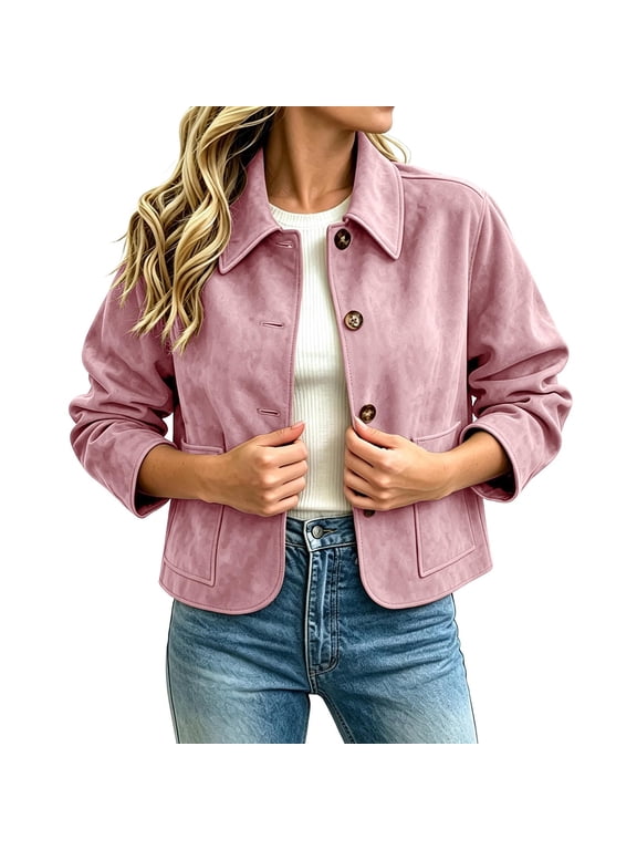 Women's Faux Suede Jacket with Pockets, Button Down Lapel Collar Short Coat, Long Sleeve Casual Shacket for Fall Winter