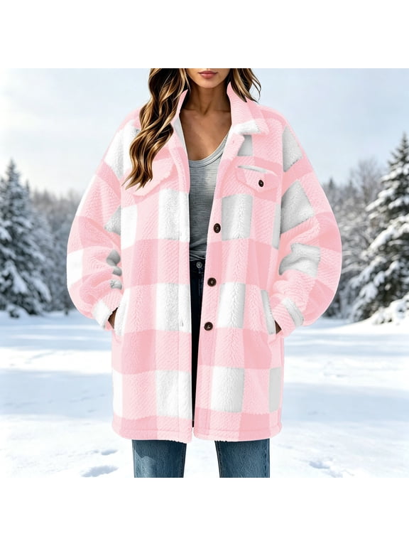 Women's Fleece Jacket, Buffalo Plaid Button Down Design with Chest Flap Pocket, Fuzzy Sherpa Shacket Coat for Fall Winter