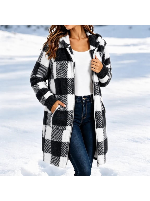 Women's Fleece Jacket Buffalo Plaid Hooded Zip Up Long Coat Long Sleeve Fuzzy Warm Casual Fall Winter Outerwear with Pockets