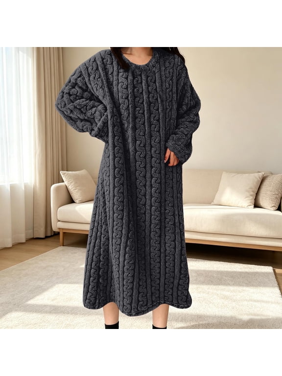 Women's Fleece Nightgown with Pockets, Long Sleeve Crew Neck Cable Knit Sleep Dress, Cozy Warm Flannel Loungewear for Winter