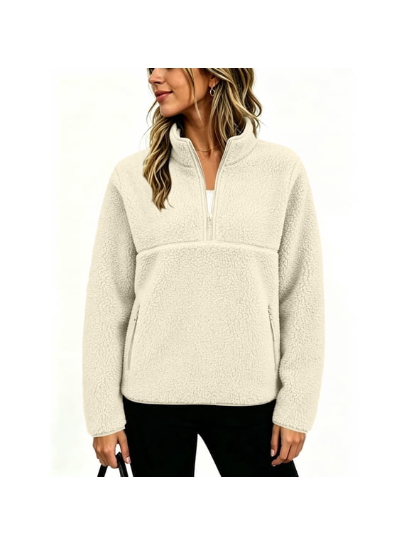 Women's Fleece Pullover Half Zip Stand Collar Sweatshirt with Pockets, Oversized Sherpa Fuzzy Long Sleeve Top, Warm Casual Winter Outerwear