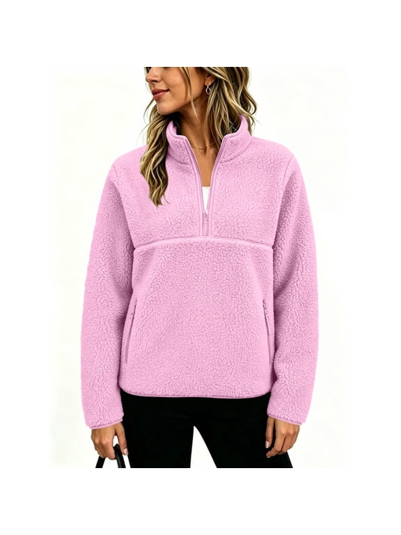 Women's Fleece Pullover Half Zip Stand Collar Sweatshirt with Pockets, Oversized Sherpa Fuzzy Long Sleeve Top, Warm Casual Winter Outerwear
