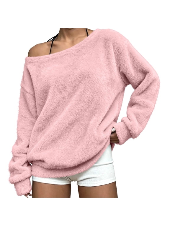 Women's Fuzzy Off Shoulder Pullover Sweater Long Sleeve Fluffy Knit Top Oversized Cozy Casual Fall Winter Jumper