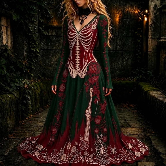 HCBY Women's Halloween Maxi Dress Long Sleeve V Neck Printed Gothic Inspired A Line Long Dress for Vintage Party and Themed Events