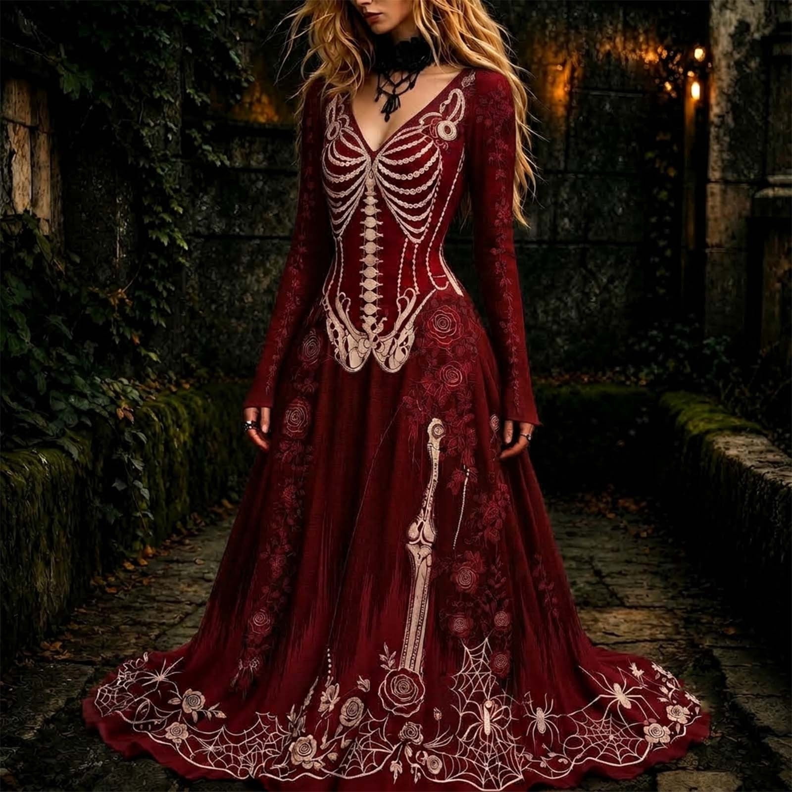 HCBY Women's Halloween Maxi Dress Long Sleeve V Neck Printed Gothic ...
