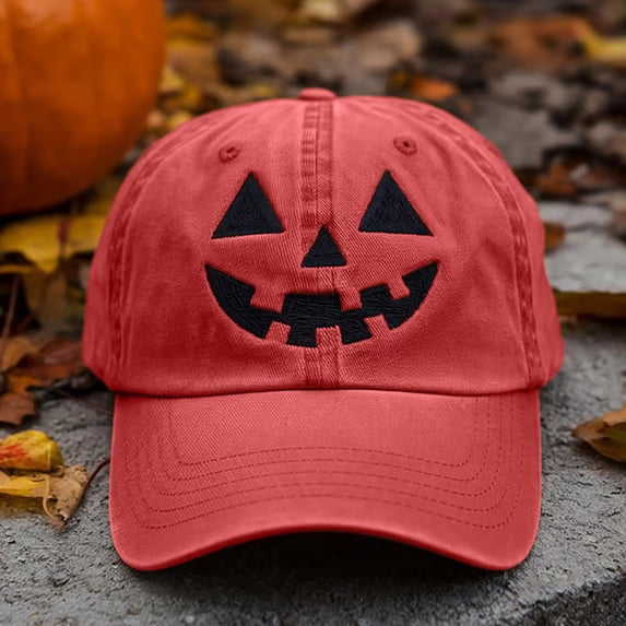 HCBY Women's Halloween Pumpkin Face Embroidered Baseball Cap, Adjustable Strapback Dad Hat Style with Stitched Jack-O'-Lantern Graphic Detail for Fall Holiday Party Accessories