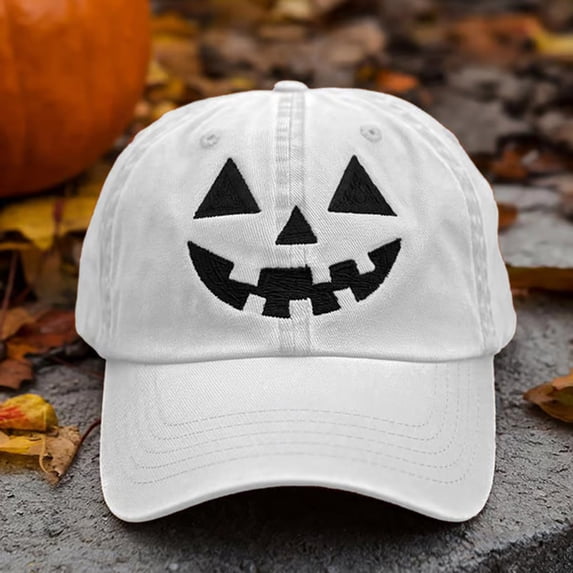 HCBY Women's Halloween Pumpkin Face Embroidered Baseball Cap, Adjustable Strapback Dad Hat Style with Stitched Jack-O'-Lantern Graphic Detail for Fall Holiday Party Accessories