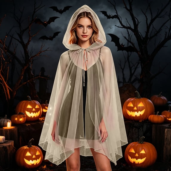 HCBY Women's Hooded Tie-Front Sheer Mesh Cape, Lightweight Sheer Cape for Halloween Party Dress-up, Versatile Cape for Fall Festival Events and Daily Streetwear