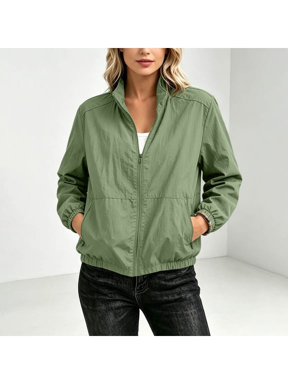 Women's Jacket, Crinkle Woven Zip Up Design with Stand Collar and Drawstring Hem, Lightweight Bomber Coat for Fall Winter