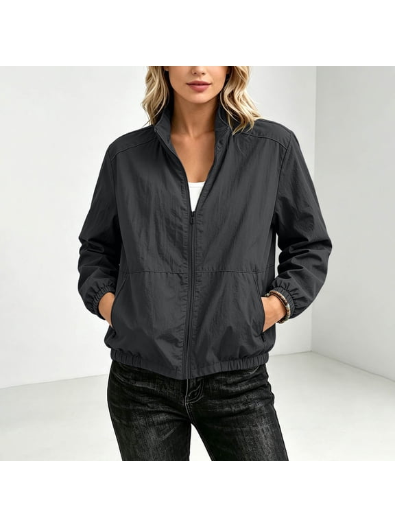 Women's Jacket, Crinkle Woven Zip Up Design with Stand Collar and Drawstring Hem, Lightweight Bomber Coat for Fall Winter