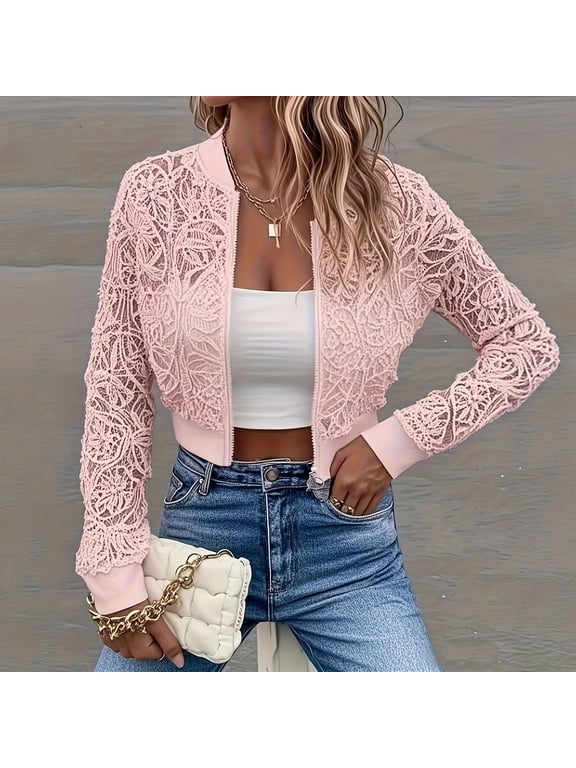 Women's Lace Bomber Jacket Cropped Zip Up Long Sleeve with Pockets, Sheer Lightweight Ribbed Trim Casual Outerwear Coat for Party Everyday Wear