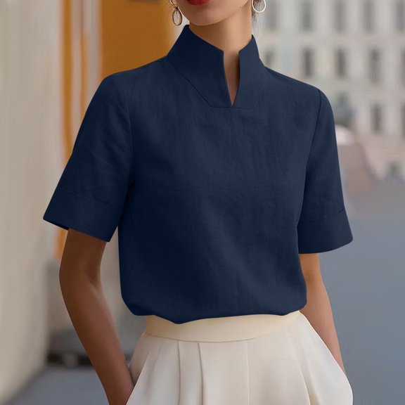 HCBY Women's Mandarin Collar Short Sleeve Blouse Button Down with Pocket, Cotton Linen Loose Fit Casual Top for Work Office Everyday Wear