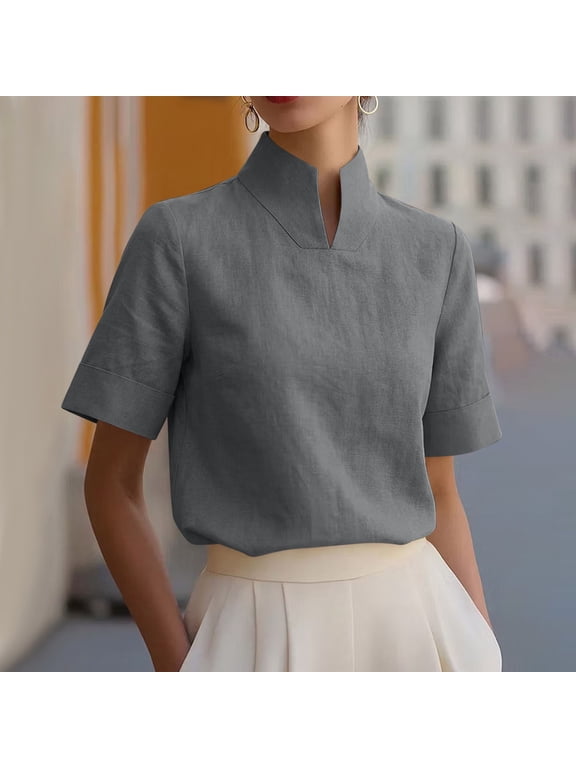 Women's Mandarin Collar Short Sleeve Blouse Button Down with Pocket, Cotton Linen Loose Fit Casual Top for Work Office Everyday Wear