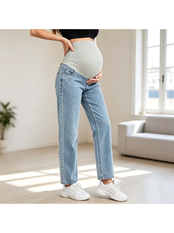 Women's Maternity Jeans Wide Leg Pregnancy Pants Over The Belly Denim Trousers with Pockets Stretchy Comfortable Casual Fall Winter
