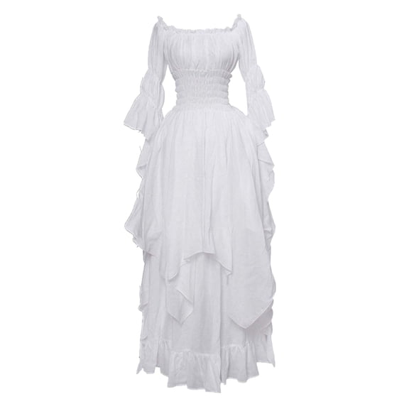 HCBY Women's Medieval Renaissance Off Shoulder Bell Sleeve Dress, Smocked Waist Layered Ruffle High Low Hem Maxi Gown for Halloween Fall Theme Parties