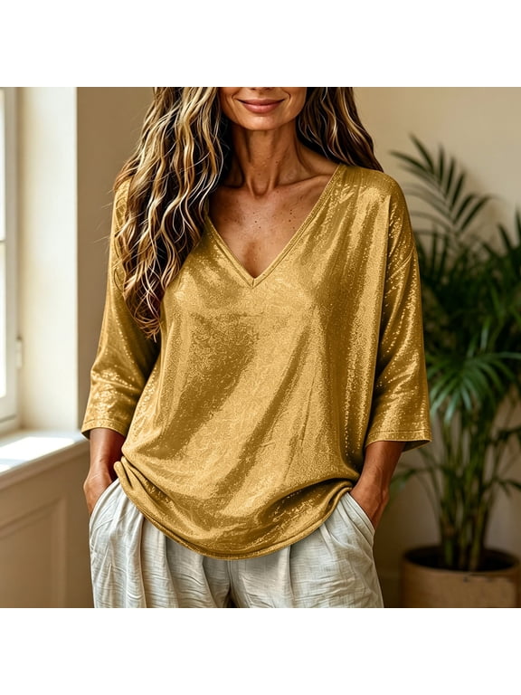 Women's Metallic Shiny Top V-Neck 3/4 Sleeve Loose Fit Blouse, Sparkly Party Clubwear Disco Evening Tunic for Night Out Everyday Wear