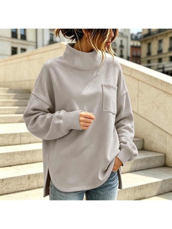 Women's Mock Neck Sweatshirt Tunic Pullover with Chest Pocket, Oversized Loose Fit Fleece Top Side Slits for Fall Winter Casual Everyday