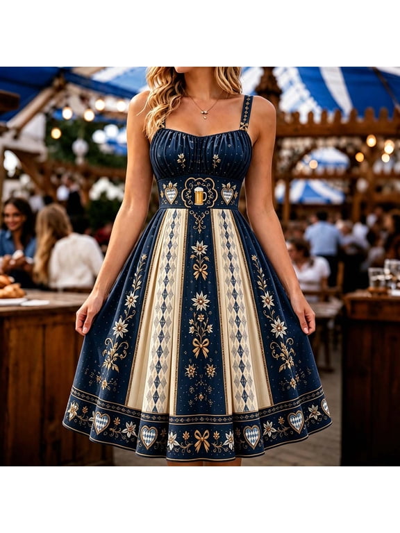 Women's Oktoberfest Dirndl Dress Bavarian German Midi A-Line Sleeveless Square Neck Floral Embroidered Costume for Festival Party