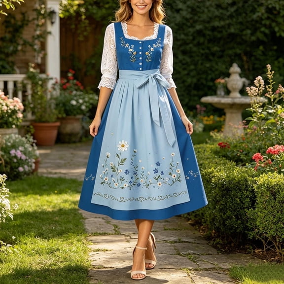 HCBY Women's Oktoberfest Dirndl Dress Bavarian German Midi A-Line Square Neck Lace Sleeveless Costume for Festival Party