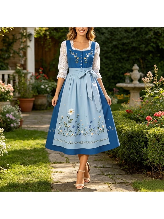 Women's Oktoberfest Dirndl Dress Bavarian German Midi A-Line Square Neck Lace Sleeveless Costume for Festival Party