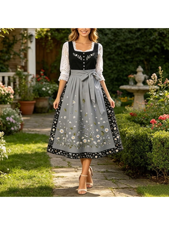 Women's Oktoberfest Dirndl Dress Bavarian German Midi A-Line Square Neck Lace Sleeveless Costume for Festival Party
