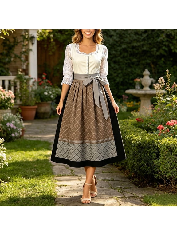 Women's Oktoberfest Dirndl Dress Bavarian German Midi A-Line Square Neck Lace Sleeveless Costume for Festival Party