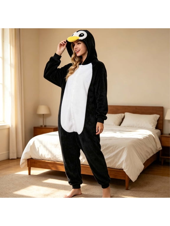 Women's Penguin Onesie Adult Animal Pajamas, Hooded One Piece Penguin Costume for Halloween Cosplay, Pajama Parties and Cozy Loungewear