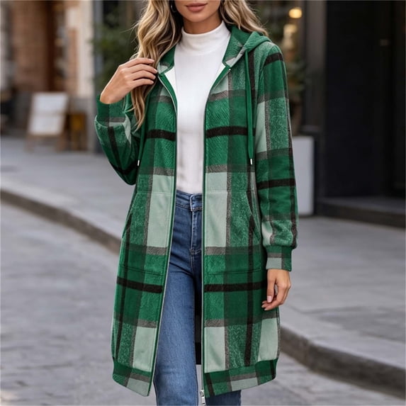 HCBY Women's Plaid Hooded Coat Long Sleeve Full Zip Tweed Jacket with Pockets, Drawstring Longline Outerwear for Fall Winter Casual Streetwear