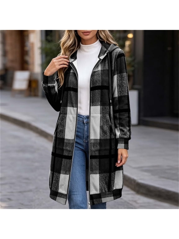 Women's Plaid Hooded Coat Long Sleeve Full Zip Tweed Jacket with Pockets, Drawstring Longline Outerwear for Fall Winter Casual Streetwear