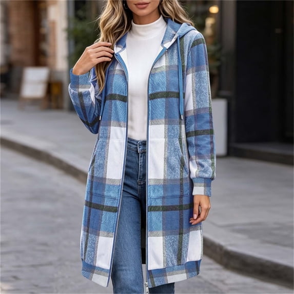HCBY Women's Plaid Hooded Coat Long Sleeve Full Zip Tweed Jacket with Pockets, Drawstring Longline Outerwear for Fall Winter Casual Streetwear