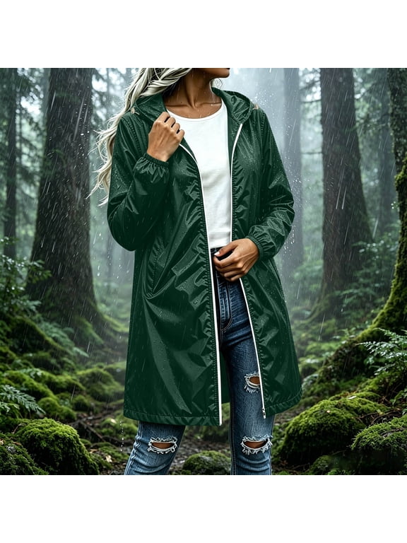 Women's Rain Coat, Hooded Packable Long Sleeve Waterproof Lightweight with Pockets for Outdoor Travel Daily 8 Colors