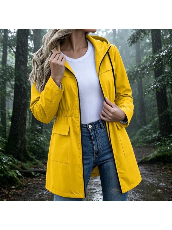 Women's Rain Jacket, Waterproof Hooded Zip-Up Design with Drawstring Waist, Lightweight Windbreaker for Outdoor Travel