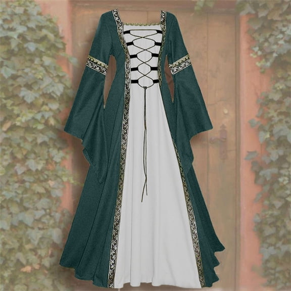HCBY Women's Renaissance Medieval Vintage Royal Lace-Up Corset Dress, Bell Sleeve A-Line Maxi Gown with Contrast Trim Detail for Halloween Fall Festivals Parties