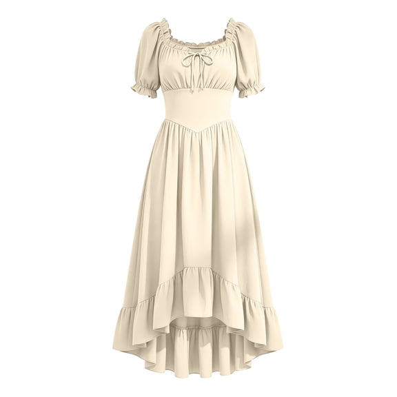 HCBY Women's Renaissance Puff Sleeve Square Neck Dress, Corset Style A-Line Midi Gown with Ruffle High Low Hem for Halloween Fall Theme Parties