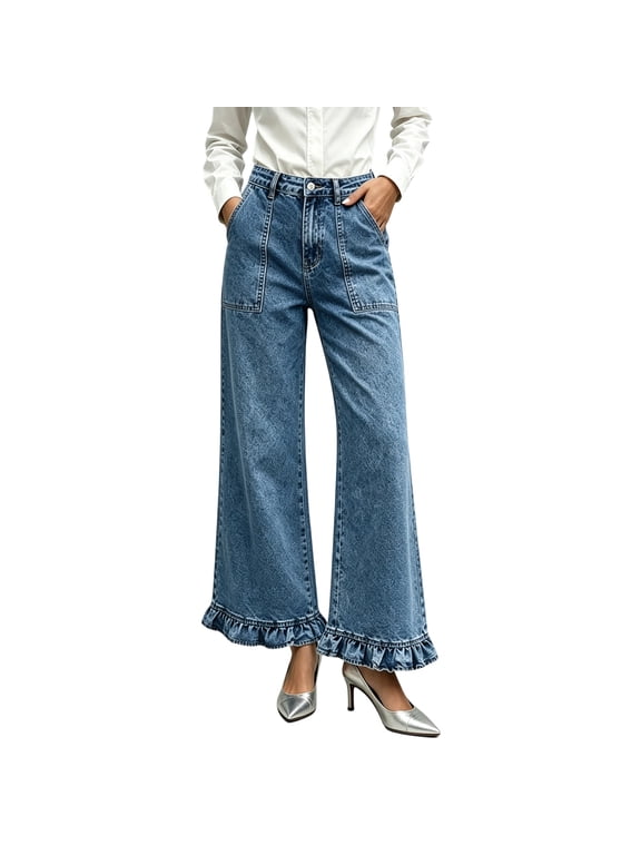 Women's Ruffle Hem Wide Leg Jeans High Waisted Flared Denim Pants with Pockets Casual Trendy Trousers for Fall Winter